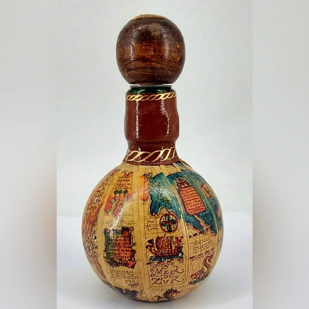 Vintage Italian Leather Wrapped Globe Decanter with World Map Design Bar Decor